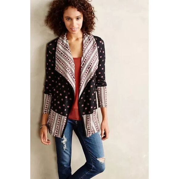 One September Camac Cardigan Small Black Medallion Print Anthropologie Boho - Picture 1 of 11